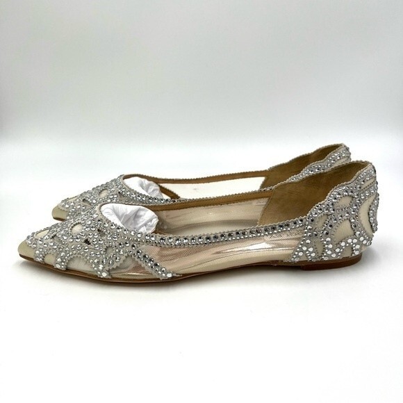 Badgley Mischka BHLDN Size‎ 6.5 Gigi Point Toe Jeweled Ivory Ballet Flats Shoes - Picture 8 of 15